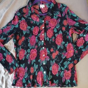 East womens size 18 crinkle rose pattern button up sheer blouse